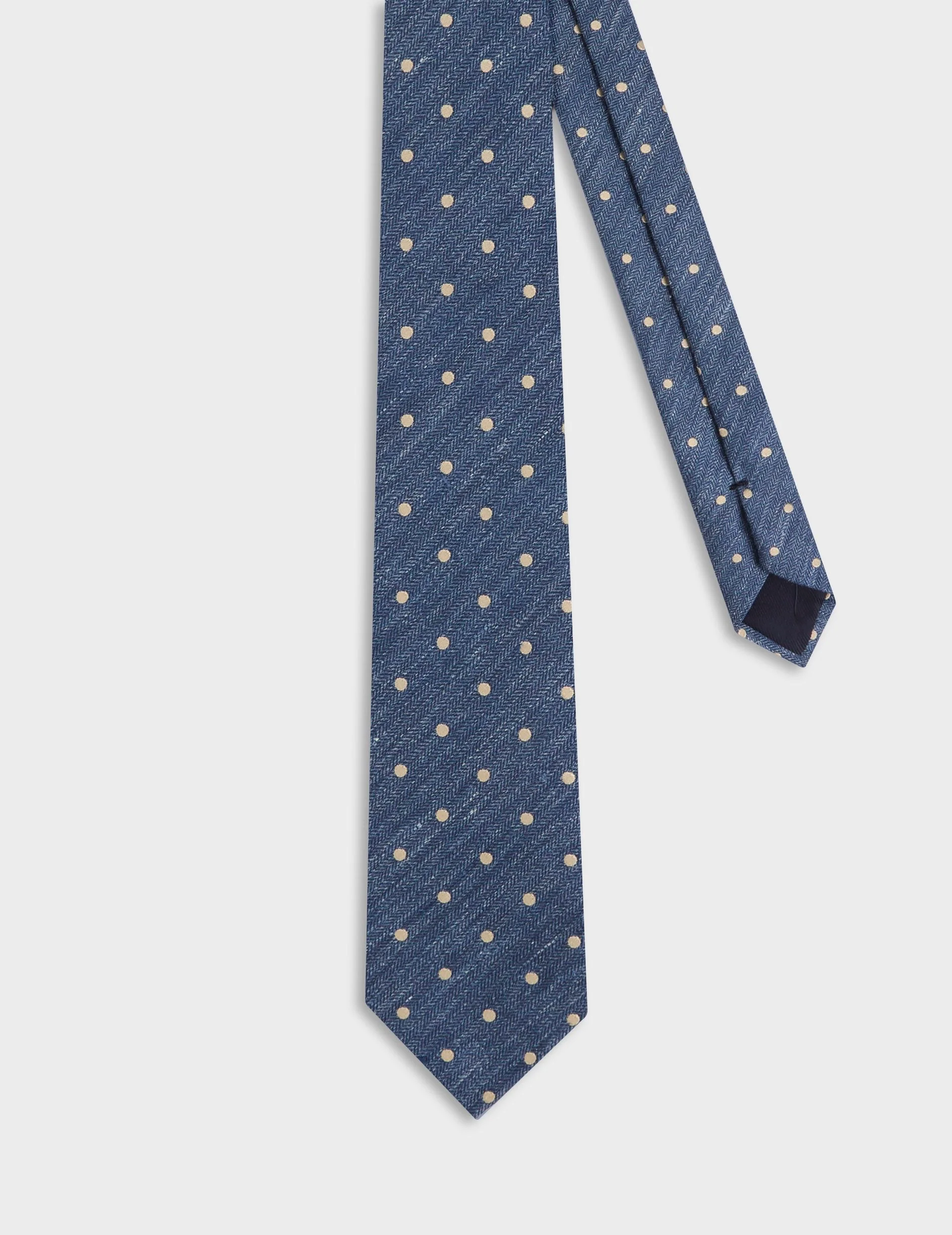 Cravate en lin et soie à pois bleu et beige