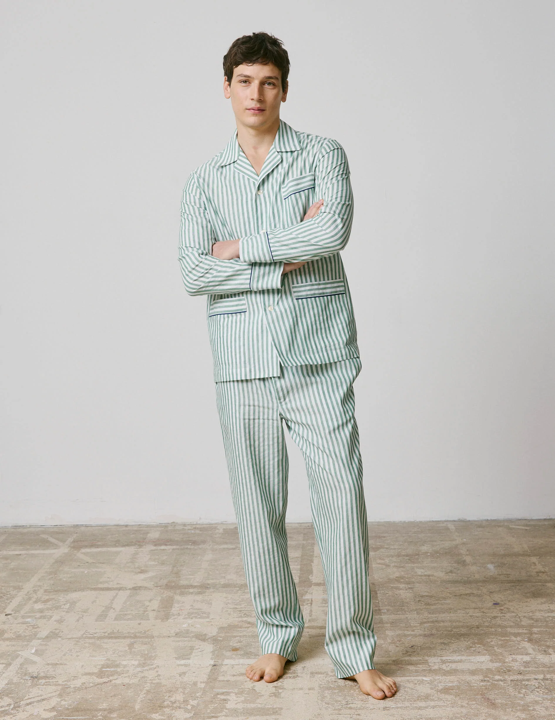 Pyjama Louis en coton et lin rayé vert - Image 2