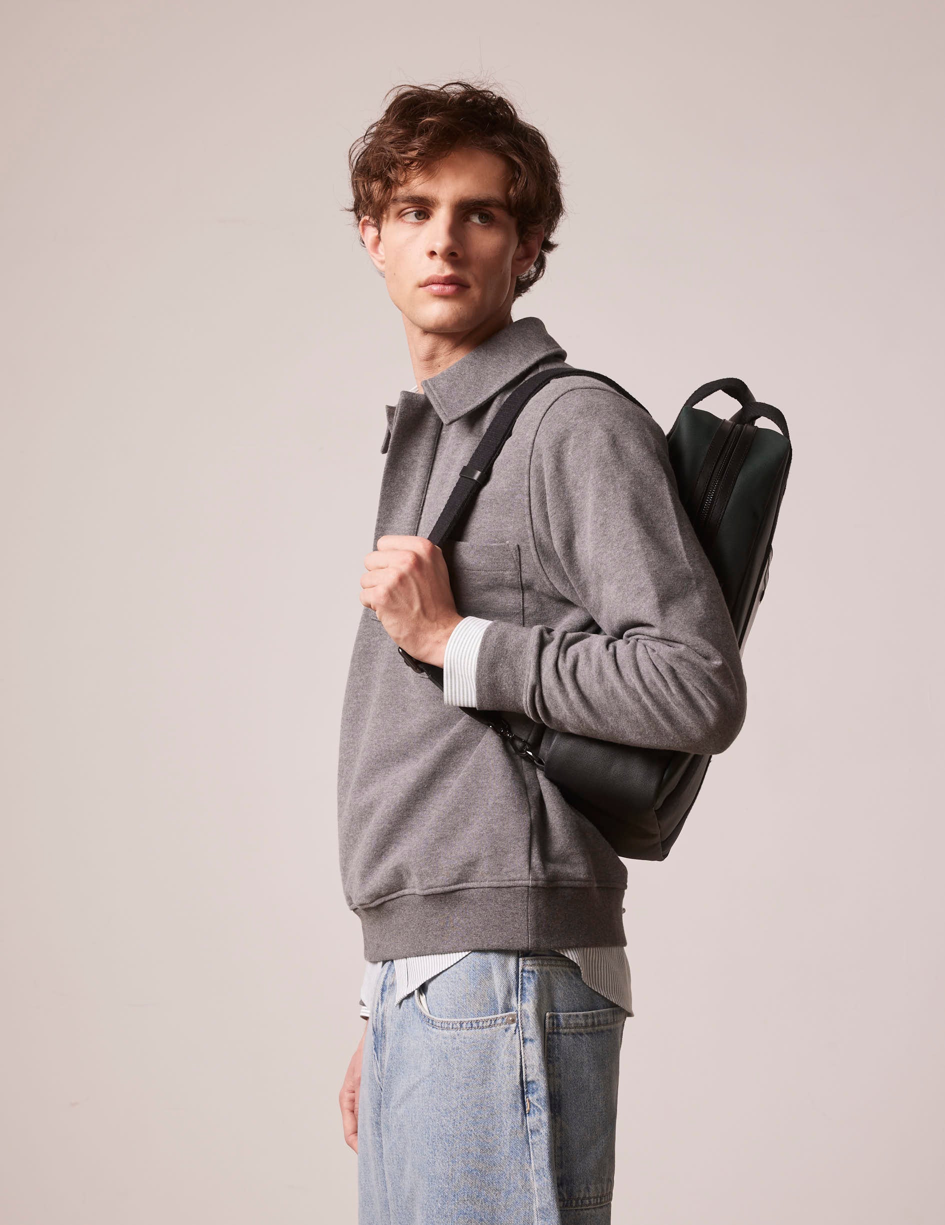 Sac à dos en canvas enduit et cuir vert - Image 3